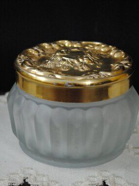 Vintage Estee Lauder Frosted Glass Powder Jar with Golden Lid 1960s-70s